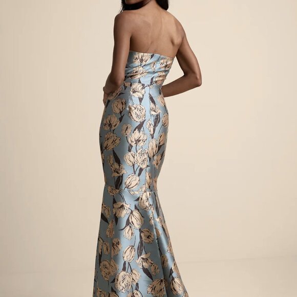 NWT Lulus Gowning Around Slate Blue Floral Jacquard Strapless Maxi Dress - Picture 3 of 6